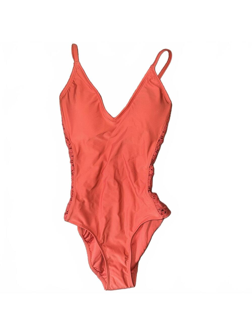 Shade & Shore Coral Orange One Piece Swimsuit Crochet Lace Detail Size XS NWT